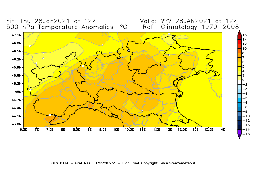 Mappa di analisi GFS - Anomalia Temperatura [°C] a 500 hPa in Nord-Italia
									del 28/01/2021 12 <!--googleoff: index-->UTC<!--googleon: index-->