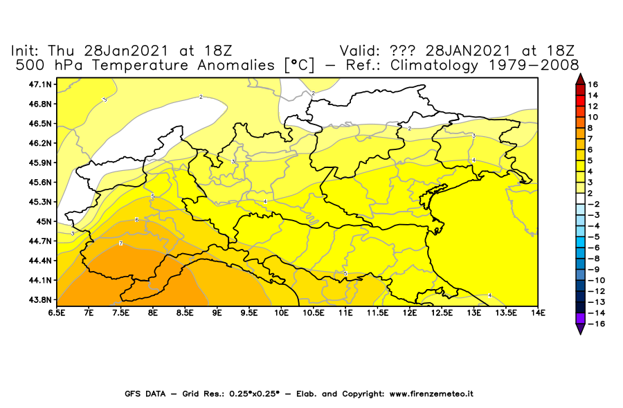 Mappa di analisi GFS - Anomalia Temperatura [°C] a 500 hPa in Nord-Italia
									del 28/01/2021 18 <!--googleoff: index-->UTC<!--googleon: index-->