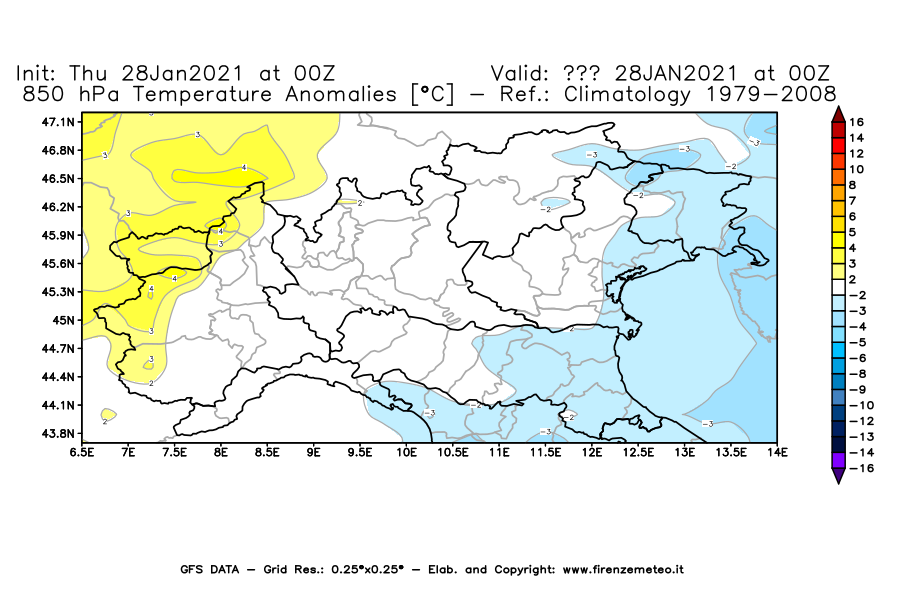 Mappa di analisi GFS - Anomalia Temperatura [°C] a 850 hPa in Nord-Italia
									del 28/01/2021 00 <!--googleoff: index-->UTC<!--googleon: index-->