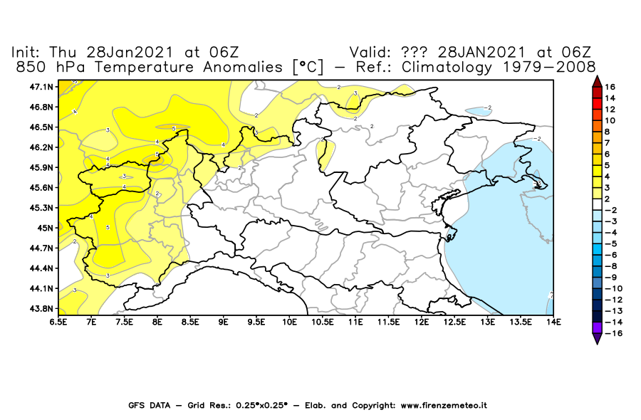 Mappa di analisi GFS - Anomalia Temperatura [°C] a 850 hPa in Nord-Italia
									del 28/01/2021 06 <!--googleoff: index-->UTC<!--googleon: index-->