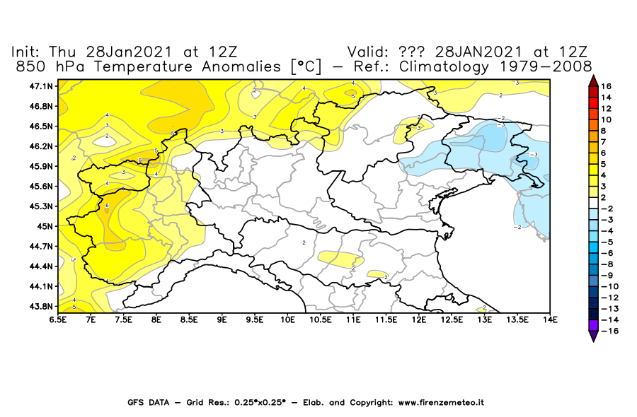 Mappa di analisi GFS - Anomalia Temperatura [°C] a 850 hPa in Nord-Italia
									del 28/01/2021 12 <!--googleoff: index-->UTC<!--googleon: index-->