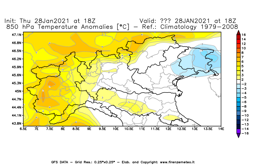 Mappa di analisi GFS - Anomalia Temperatura [°C] a 850 hPa in Nord-Italia
									del 28/01/2021 18 <!--googleoff: index-->UTC<!--googleon: index-->