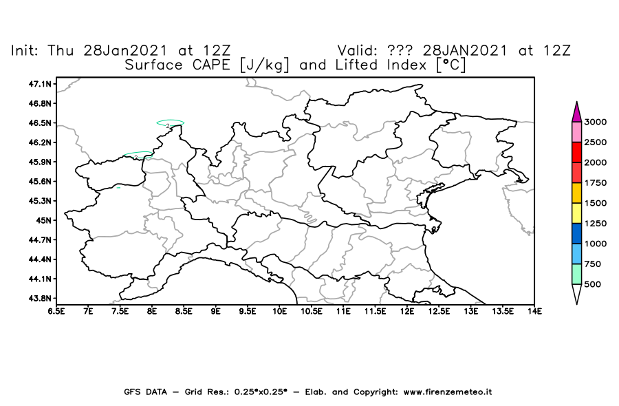 Mappa di analisi GFS - CAPE [J/kg] e Lifted Index [°C] in Nord-Italia
									del 28/01/2021 12 <!--googleoff: index-->UTC<!--googleon: index-->