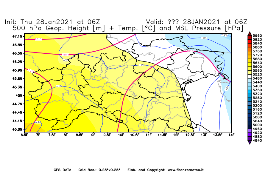Mappa di analisi GFS - Geopotenziale [m] + Temp. [°C] a 500 hPa + Press. a livello del mare [hPa] in Nord-Italia
									del 28/01/2021 06 <!--googleoff: index-->UTC<!--googleon: index-->