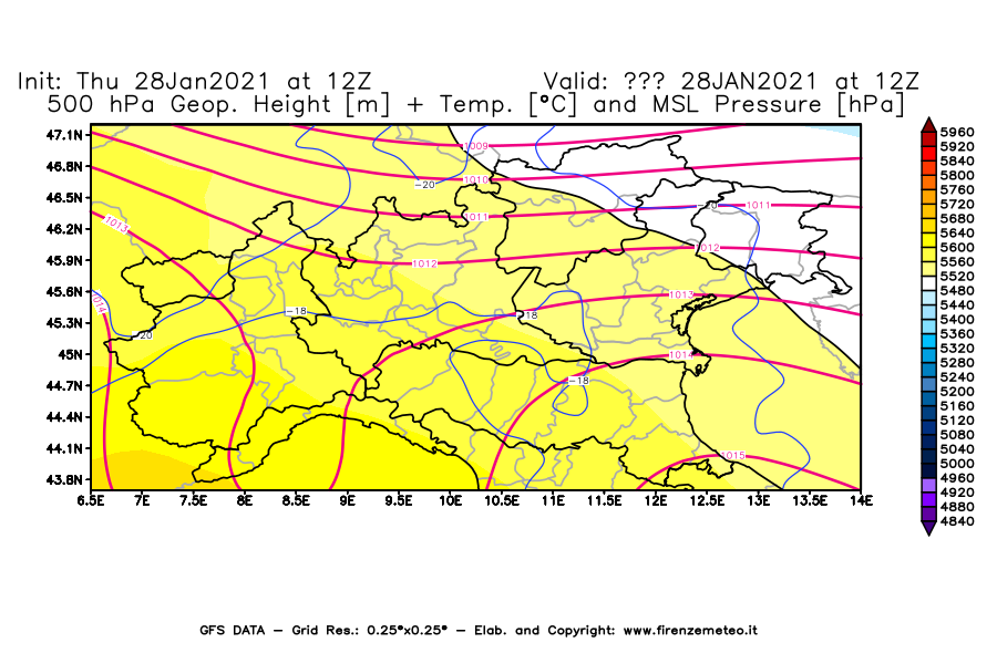 Mappa di analisi GFS - Geopotenziale [m] + Temp. [°C] a 500 hPa + Press. a livello del mare [hPa] in Nord-Italia
									del 28/01/2021 12 <!--googleoff: index-->UTC<!--googleon: index-->