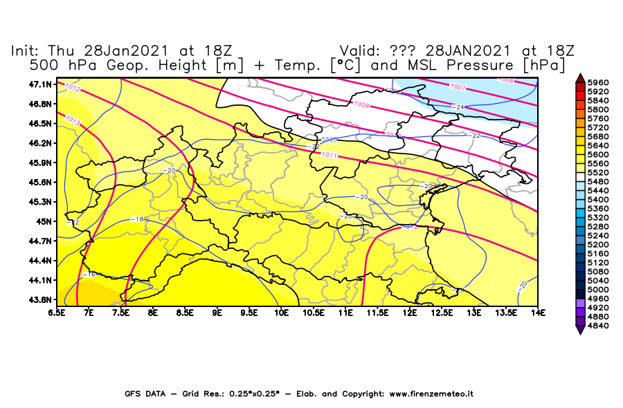 Mappa di analisi GFS - Geopotenziale [m] + Temp. [°C] a 500 hPa + Press. a livello del mare [hPa] in Nord-Italia
									del 28/01/2021 18 <!--googleoff: index-->UTC<!--googleon: index-->