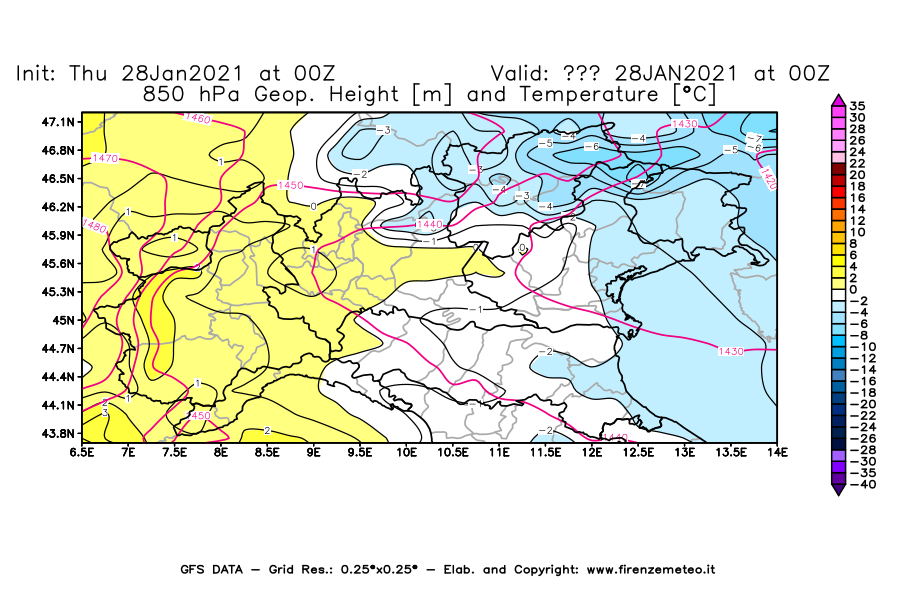 Mappa di analisi GFS - Geopotenziale [m] e Temperatura [°C] a 850 hPa in Nord-Italia
									del 28/01/2021 00 <!--googleoff: index-->UTC<!--googleon: index-->