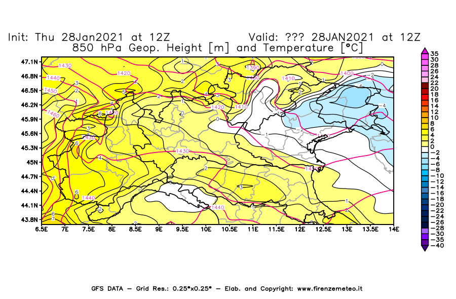 Mappa di analisi GFS - Geopotenziale [m] e Temperatura [°C] a 850 hPa in Nord-Italia
									del 28/01/2021 12 <!--googleoff: index-->UTC<!--googleon: index-->