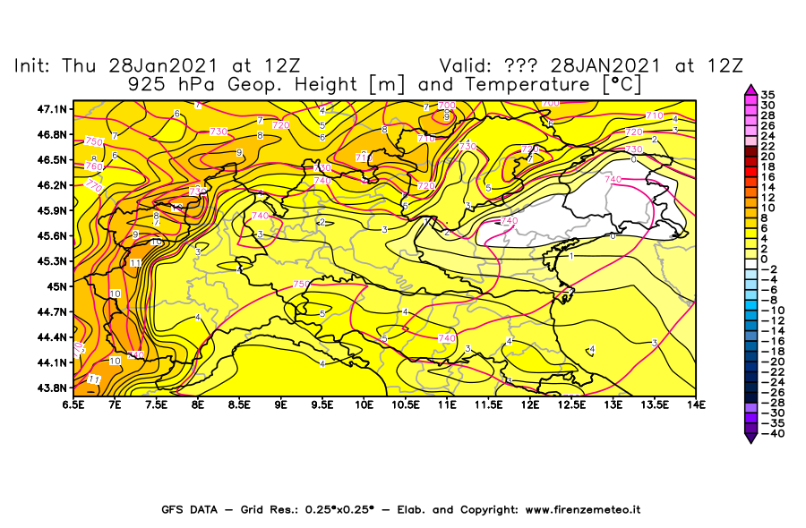 Mappa di analisi GFS - Geopotenziale [m] e Temperatura [°C] a 925 hPa in Nord-Italia
									del 28/01/2021 12 <!--googleoff: index-->UTC<!--googleon: index-->