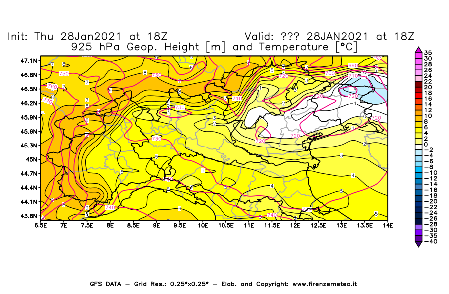 Mappa di analisi GFS - Geopotenziale [m] e Temperatura [°C] a 925 hPa in Nord-Italia
									del 28/01/2021 18 <!--googleoff: index-->UTC<!--googleon: index-->