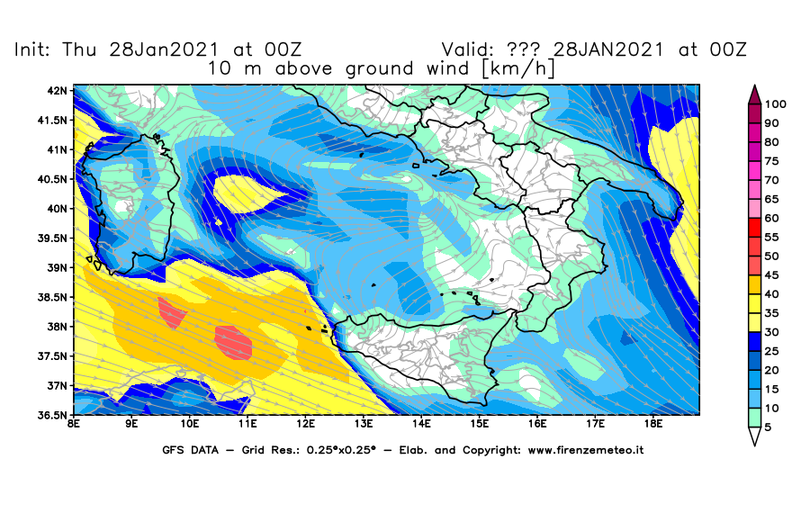 Mappa di analisi GFS - Velocità del vento a 10 metri dal suolo [km/h] in Sud-Italia
									del 28/01/2021 00 <!--googleoff: index-->UTC<!--googleon: index-->