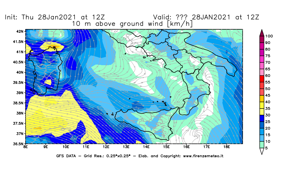 Mappa di analisi GFS - Velocità del vento a 10 metri dal suolo [km/h] in Sud-Italia
									del 28/01/2021 12 <!--googleoff: index-->UTC<!--googleon: index-->
