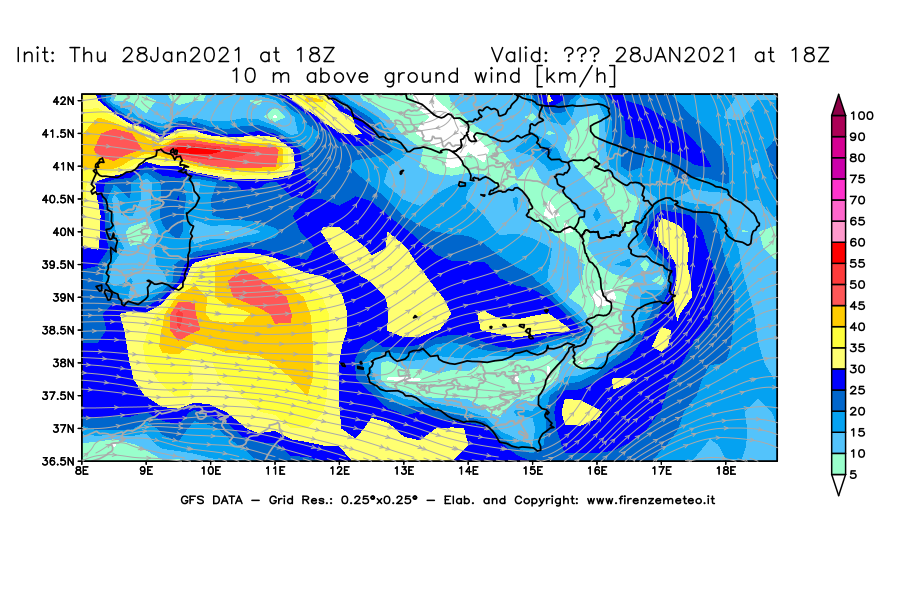 Mappa di analisi GFS - Velocità del vento a 10 metri dal suolo [km/h] in Sud-Italia
									del 28/01/2021 18 <!--googleoff: index-->UTC<!--googleon: index-->