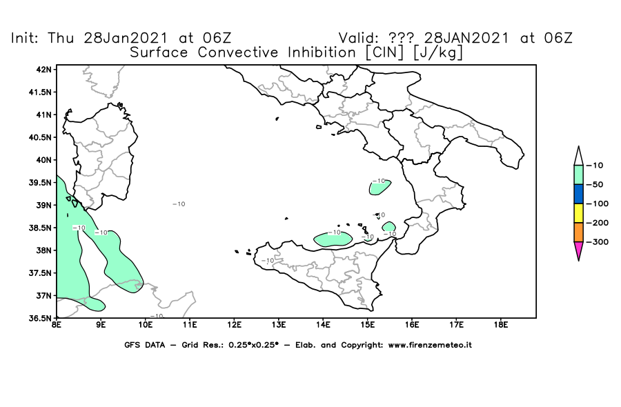 Mappa di analisi GFS - CIN [J/kg] in Sud-Italia
									del 28/01/2021 06 <!--googleoff: index-->UTC<!--googleon: index-->