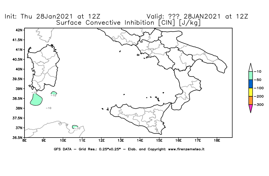 Mappa di analisi GFS - CIN [J/kg] in Sud-Italia
									del 28/01/2021 12 <!--googleoff: index-->UTC<!--googleon: index-->