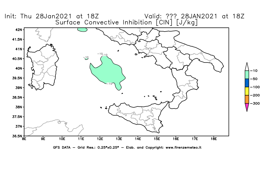 Mappa di analisi GFS - CIN [J/kg] in Sud-Italia
									del 28/01/2021 18 <!--googleoff: index-->UTC<!--googleon: index-->