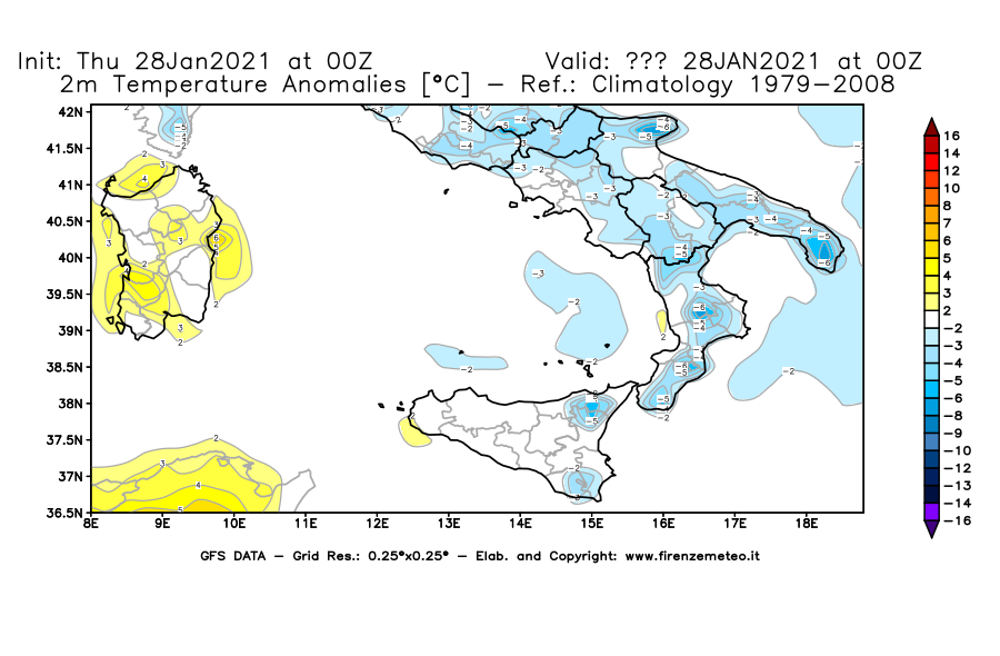Mappa di analisi GFS - Anomalia Temperatura [°C] a 2 m in Sud-Italia
									del 28/01/2021 00 <!--googleoff: index-->UTC<!--googleon: index-->
