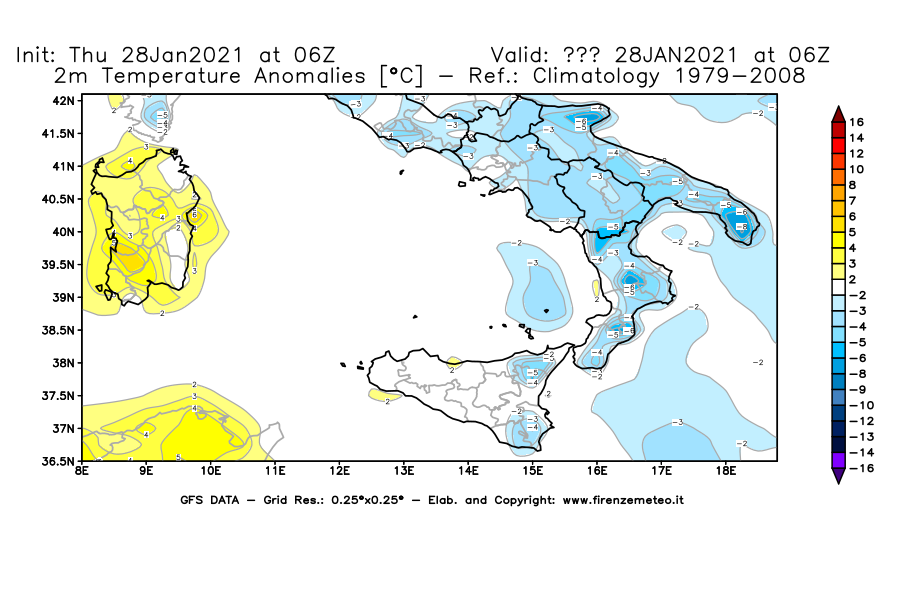 Mappa di analisi GFS - Anomalia Temperatura [°C] a 2 m in Sud-Italia
									del 28/01/2021 06 <!--googleoff: index-->UTC<!--googleon: index-->