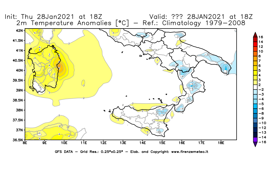 Mappa di analisi GFS - Anomalia Temperatura [°C] a 2 m in Sud-Italia
									del 28/01/2021 18 <!--googleoff: index-->UTC<!--googleon: index-->