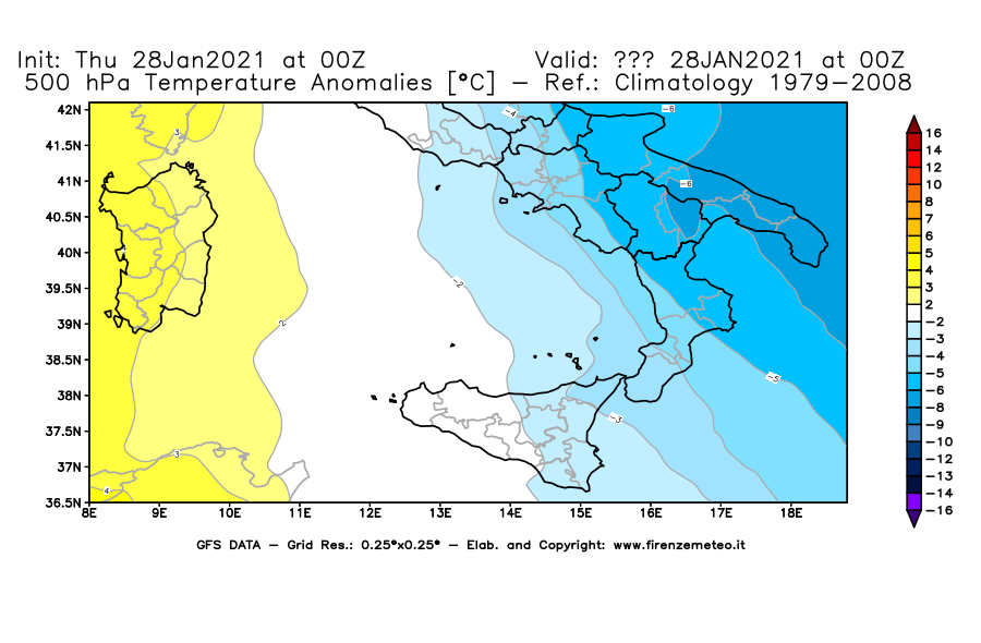 Mappa di analisi GFS - Anomalia Temperatura [°C] a 500 hPa in Sud-Italia
									del 28/01/2021 00 <!--googleoff: index-->UTC<!--googleon: index-->