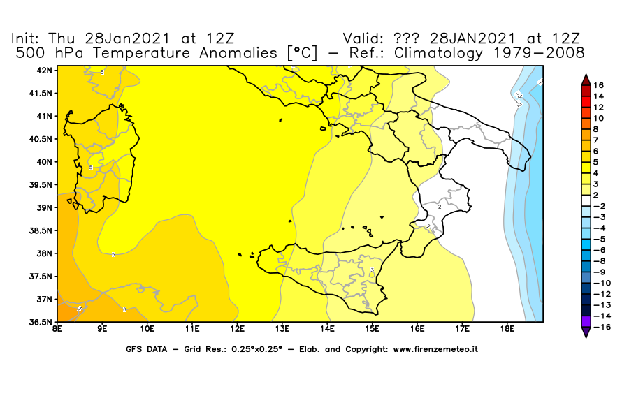 Mappa di analisi GFS - Anomalia Temperatura [°C] a 500 hPa in Sud-Italia
									del 28/01/2021 12 <!--googleoff: index-->UTC<!--googleon: index-->