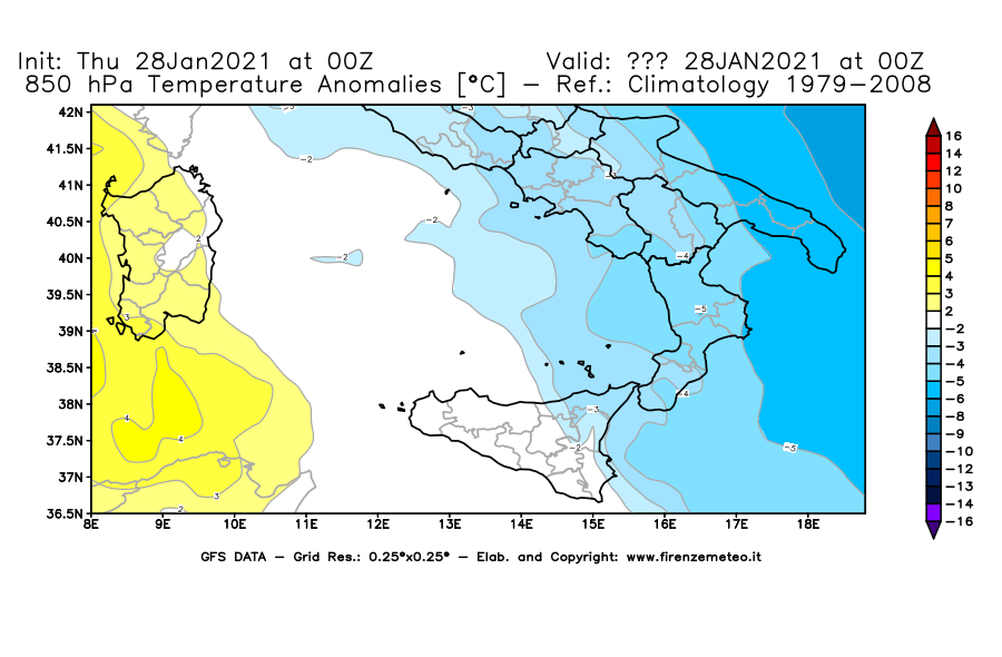 Mappa di analisi GFS - Anomalia Temperatura [°C] a 850 hPa in Sud-Italia
									del 28/01/2021 00 <!--googleoff: index-->UTC<!--googleon: index-->