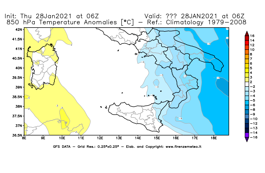 Mappa di analisi GFS - Anomalia Temperatura [°C] a 850 hPa in Sud-Italia
									del 28/01/2021 06 <!--googleoff: index-->UTC<!--googleon: index-->
