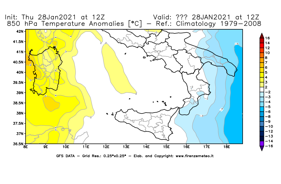 Mappa di analisi GFS - Anomalia Temperatura [°C] a 850 hPa in Sud-Italia
									del 28/01/2021 12 <!--googleoff: index-->UTC<!--googleon: index-->