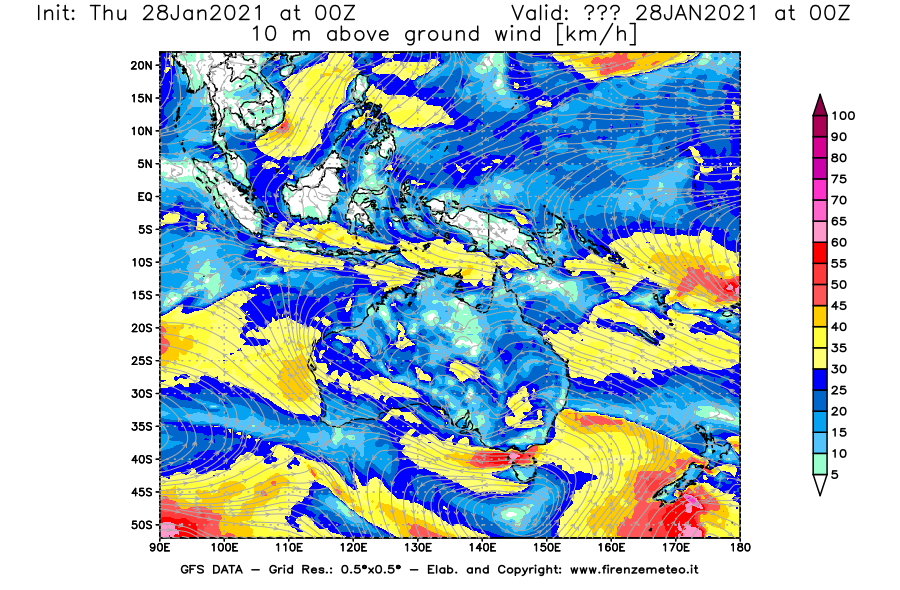 Mappa di analisi GFS - Velocità del vento a 10 metri dal suolo [km/h] in Oceania
									del 28/01/2021 00 <!--googleoff: index-->UTC<!--googleon: index-->