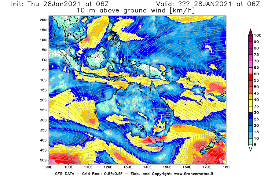 Mappa di analisi GFS - Velocità del vento a 10 metri dal suolo [km/h] in Oceania
									del 28/01/2021 06 <!--googleoff: index-->UTC<!--googleon: index-->