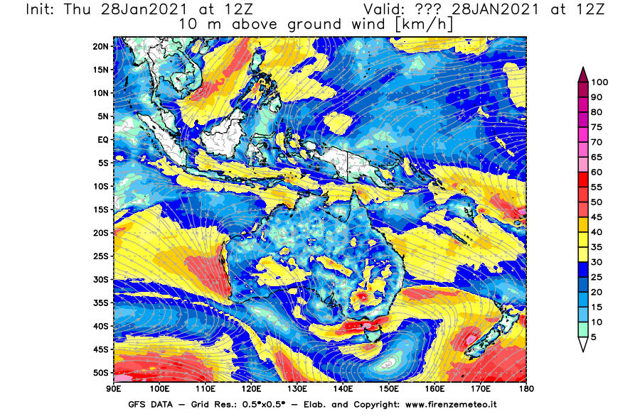 Mappa di analisi GFS - Velocità del vento a 10 metri dal suolo [km/h] in Oceania
									del 28/01/2021 12 <!--googleoff: index-->UTC<!--googleon: index-->