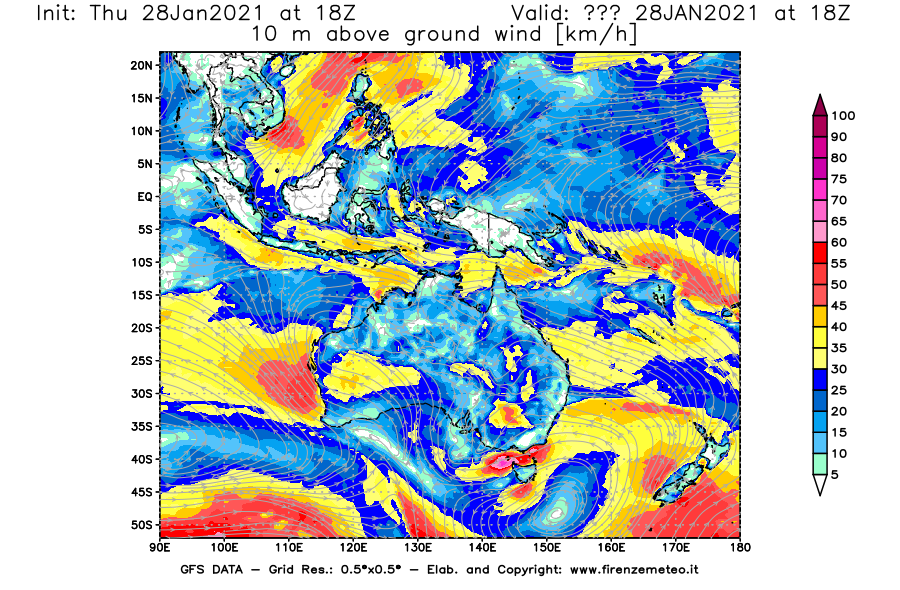 Mappa di analisi GFS - Velocità del vento a 10 metri dal suolo [km/h] in Oceania
									del 28/01/2021 18 <!--googleoff: index-->UTC<!--googleon: index-->