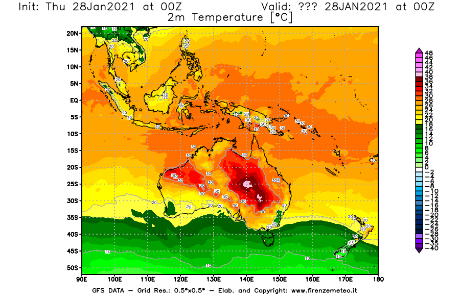 Mappa di analisi GFS - Temperatura a 2 metri dal suolo [°C] in Oceania
									del 28/01/2021 00 <!--googleoff: index-->UTC<!--googleon: index-->