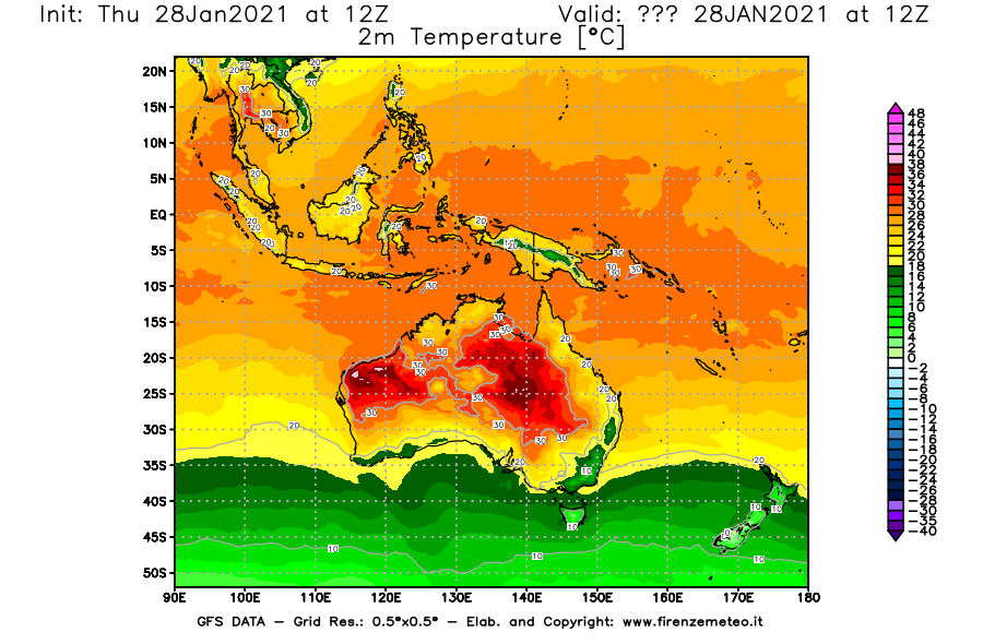 Mappa di analisi GFS - Temperatura a 2 metri dal suolo [°C] in Oceania
									del 28/01/2021 12 <!--googleoff: index-->UTC<!--googleon: index-->