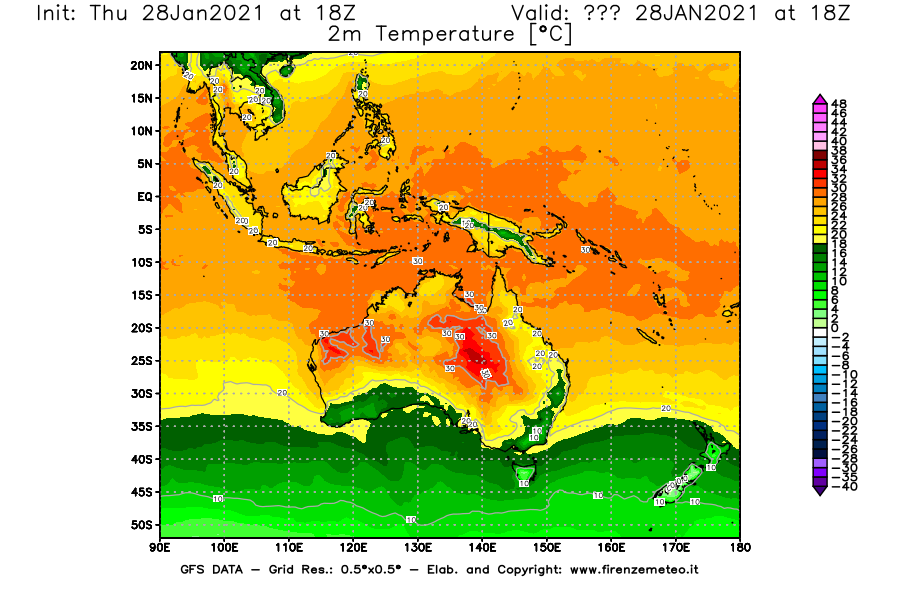 Mappa di analisi GFS - Temperatura a 2 metri dal suolo [°C] in Oceania
									del 28/01/2021 18 <!--googleoff: index-->UTC<!--googleon: index-->