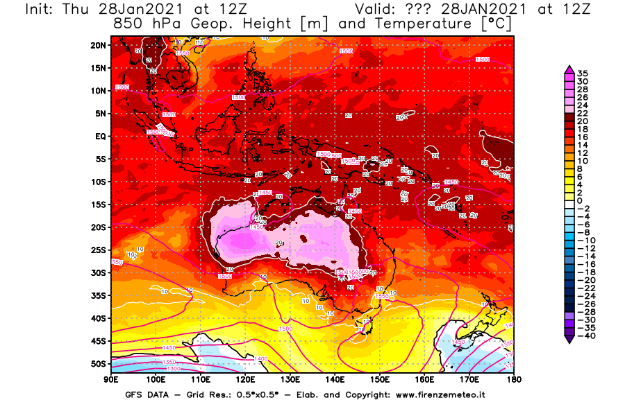 Mappa di analisi GFS - Geopotenziale [m] e Temperatura [°C] a 850 hPa in Oceania
									del 28/01/2021 12 <!--googleoff: index-->UTC<!--googleon: index-->