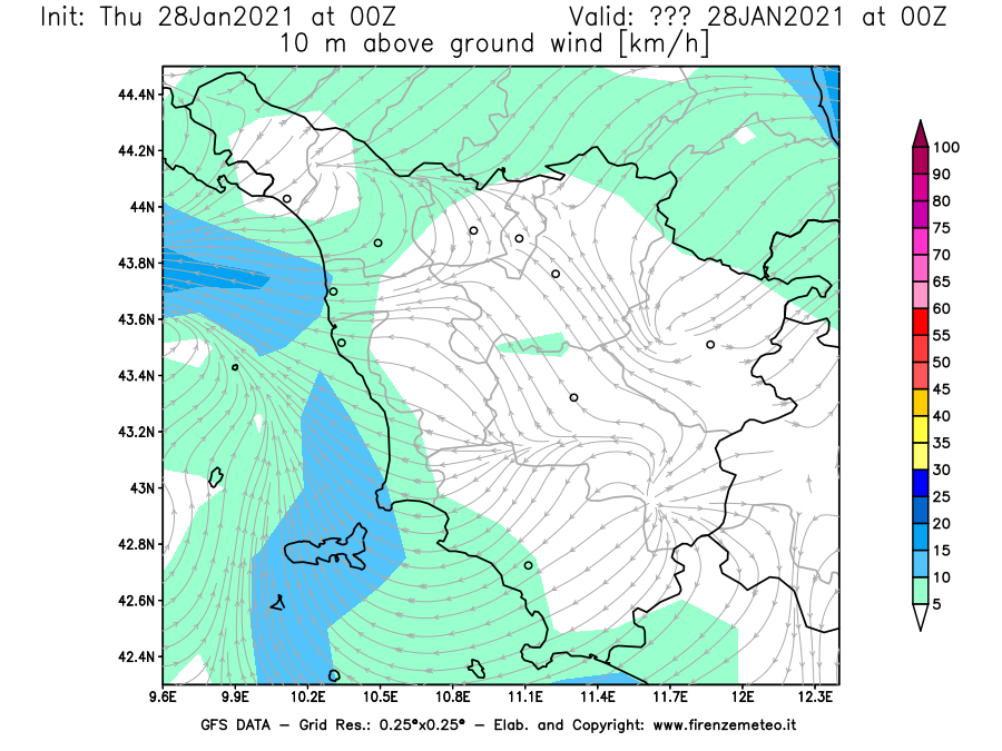 Mappa di analisi GFS - Velocità del vento a 10 metri dal suolo [km/h] in Toscana
									del 28/01/2021 00 <!--googleoff: index-->UTC<!--googleon: index-->