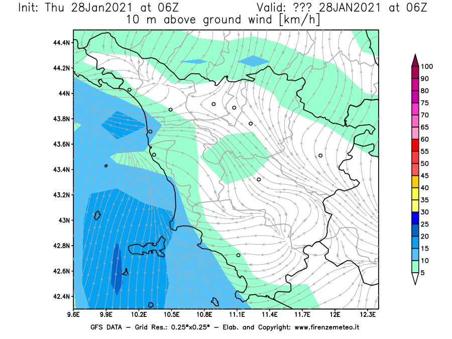 Mappa di analisi GFS - Velocità del vento a 10 metri dal suolo [km/h] in Toscana
									del 28/01/2021 06 <!--googleoff: index-->UTC<!--googleon: index-->