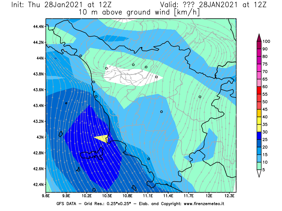 Mappa di analisi GFS - Velocità del vento a 10 metri dal suolo [km/h] in Toscana
									del 28/01/2021 12 <!--googleoff: index-->UTC<!--googleon: index-->
