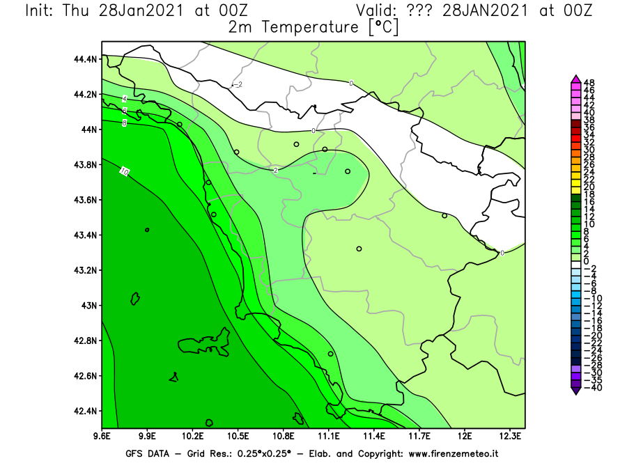 Mappa di analisi GFS - Temperatura a 2 metri dal suolo [°C] in Toscana
									del 28/01/2021 00 <!--googleoff: index-->UTC<!--googleon: index-->