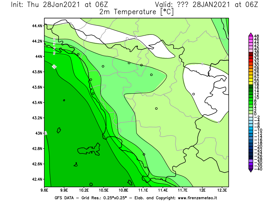 Mappa di analisi GFS - Temperatura a 2 metri dal suolo [°C] in Toscana
									del 28/01/2021 06 <!--googleoff: index-->UTC<!--googleon: index-->