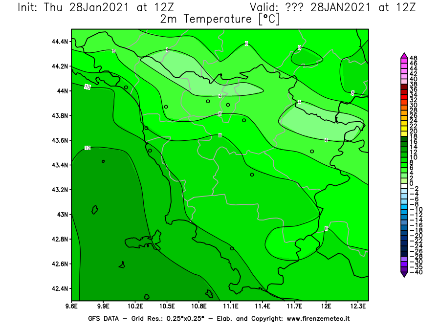 Mappa di analisi GFS - Temperatura a 2 metri dal suolo [°C] in Toscana
									del 28/01/2021 12 <!--googleoff: index-->UTC<!--googleon: index-->