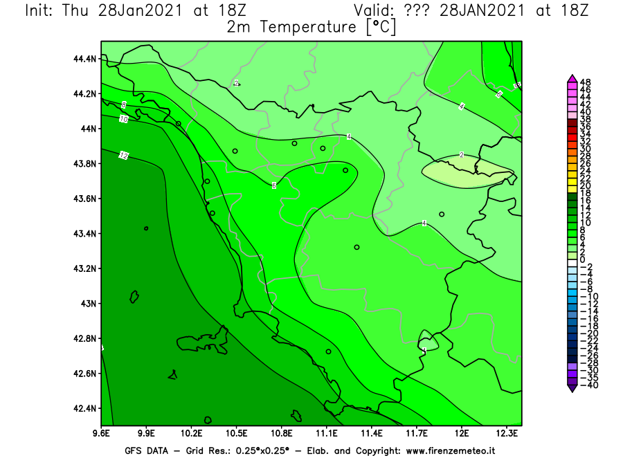 Mappa di analisi GFS - Temperatura a 2 metri dal suolo [°C] in Toscana
									del 28/01/2021 18 <!--googleoff: index-->UTC<!--googleon: index-->