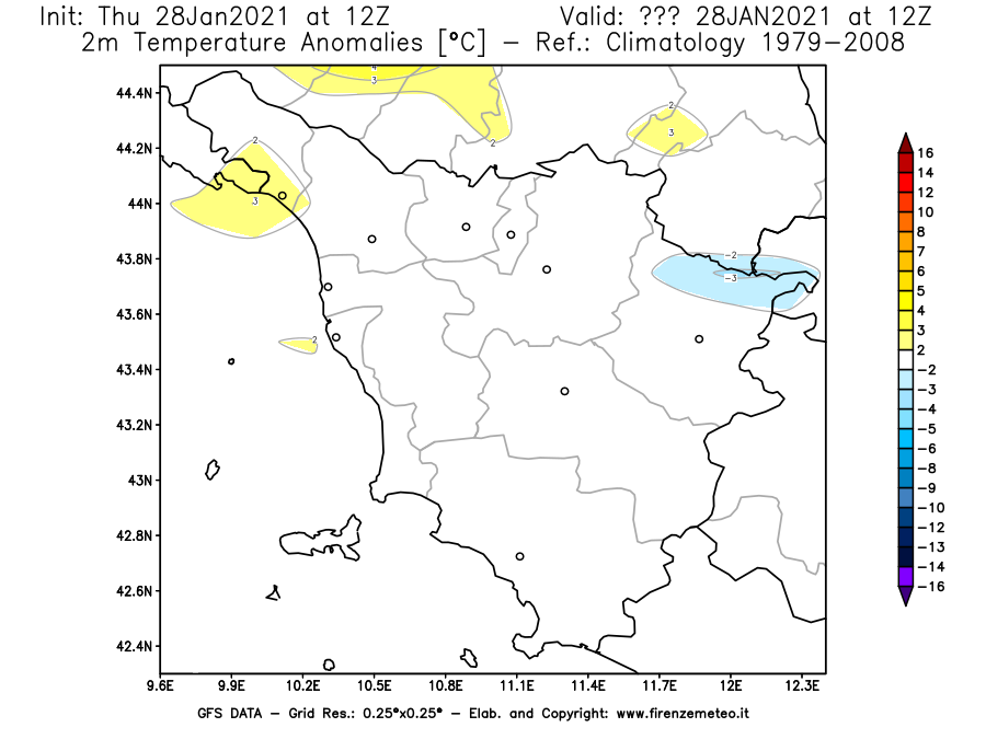 Mappa di analisi GFS - Anomalia Temperatura [°C] a 2 m in Toscana
									del 28/01/2021 12 <!--googleoff: index-->UTC<!--googleon: index-->
