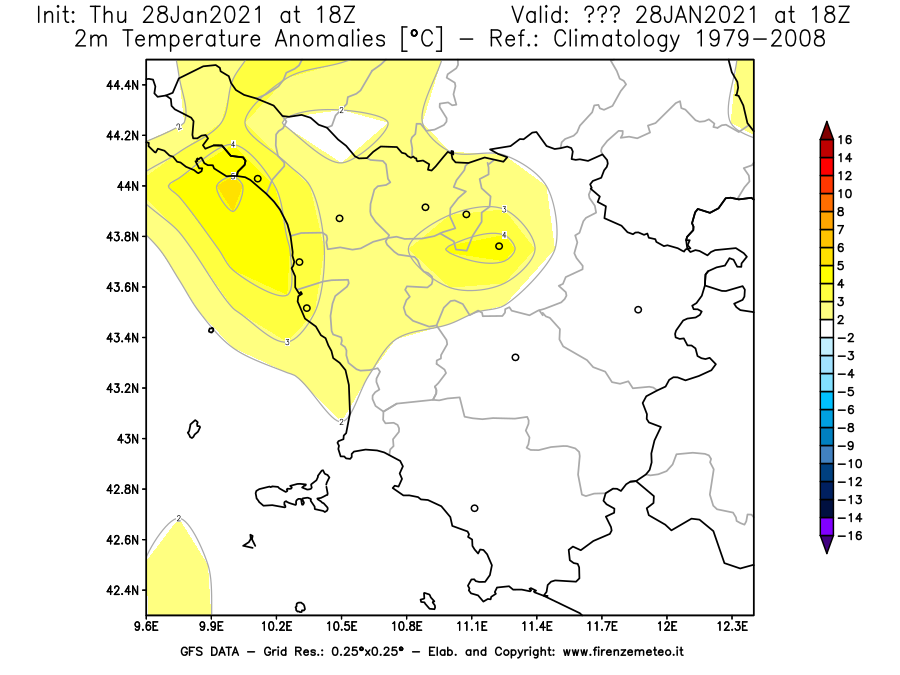Mappa di analisi GFS - Anomalia Temperatura [°C] a 2 m in Toscana
									del 28/01/2021 18 <!--googleoff: index-->UTC<!--googleon: index-->