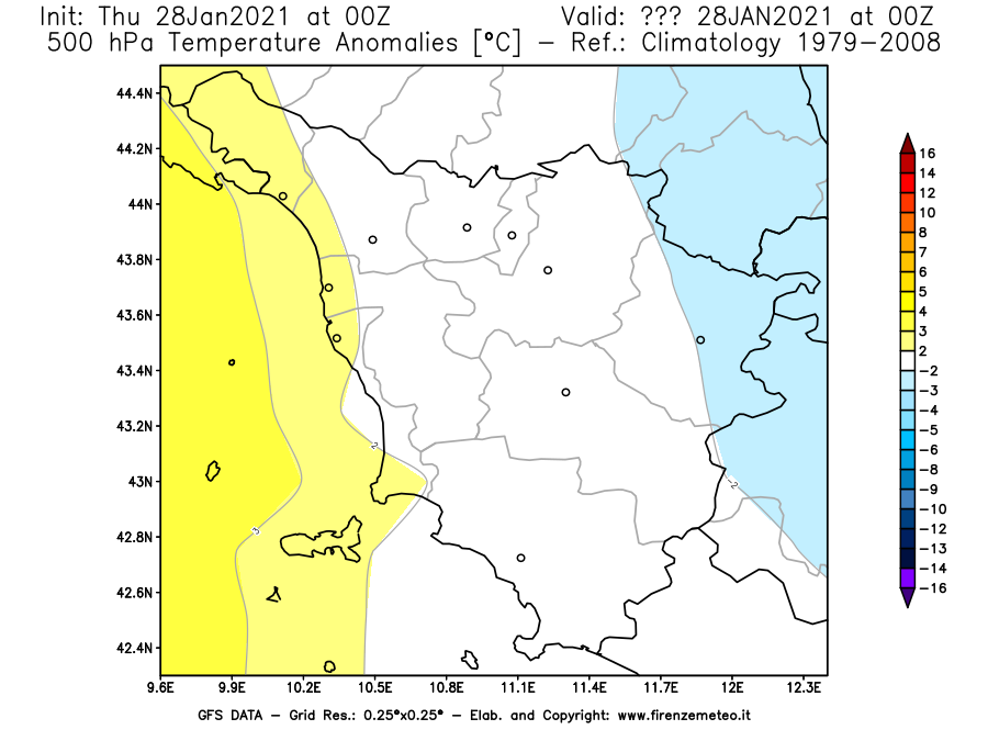 Mappa di analisi GFS - Anomalia Temperatura [°C] a 500 hPa in Toscana
									del 28/01/2021 00 <!--googleoff: index-->UTC<!--googleon: index-->
