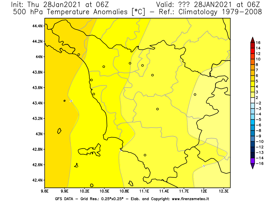 Mappa di analisi GFS - Anomalia Temperatura [°C] a 500 hPa in Toscana
									del 28/01/2021 06 <!--googleoff: index-->UTC<!--googleon: index-->
