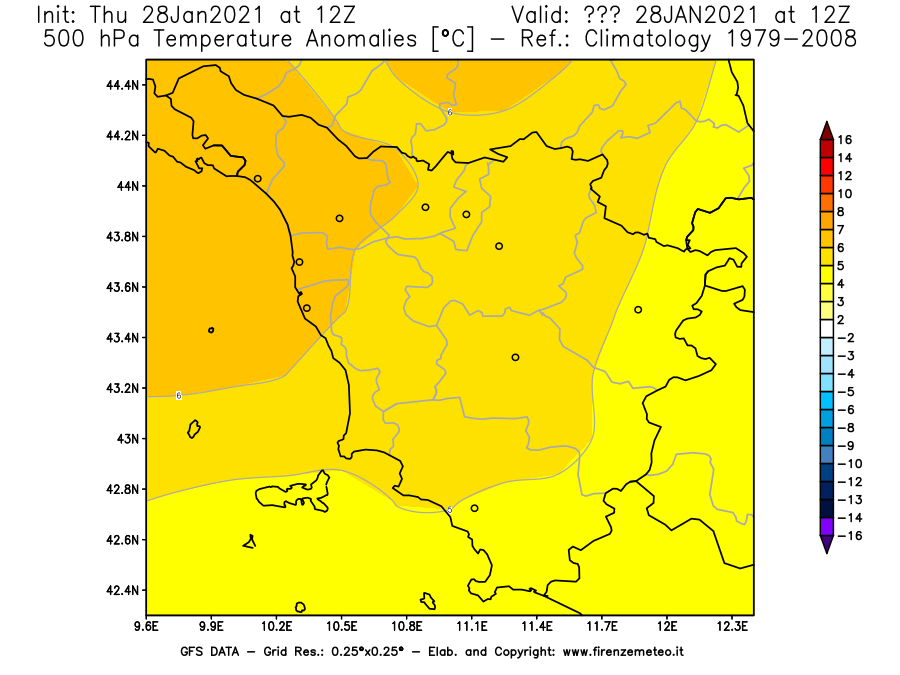 Mappa di analisi GFS - Anomalia Temperatura [°C] a 500 hPa in Toscana
									del 28/01/2021 12 <!--googleoff: index-->UTC<!--googleon: index-->