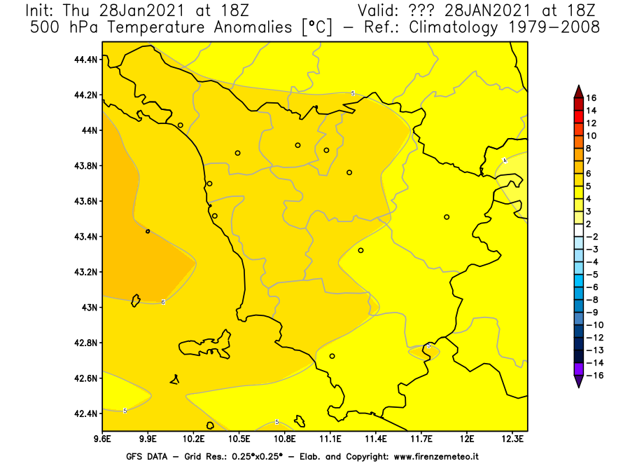 Mappa di analisi GFS - Anomalia Temperatura [°C] a 500 hPa in Toscana
									del 28/01/2021 18 <!--googleoff: index-->UTC<!--googleon: index-->
