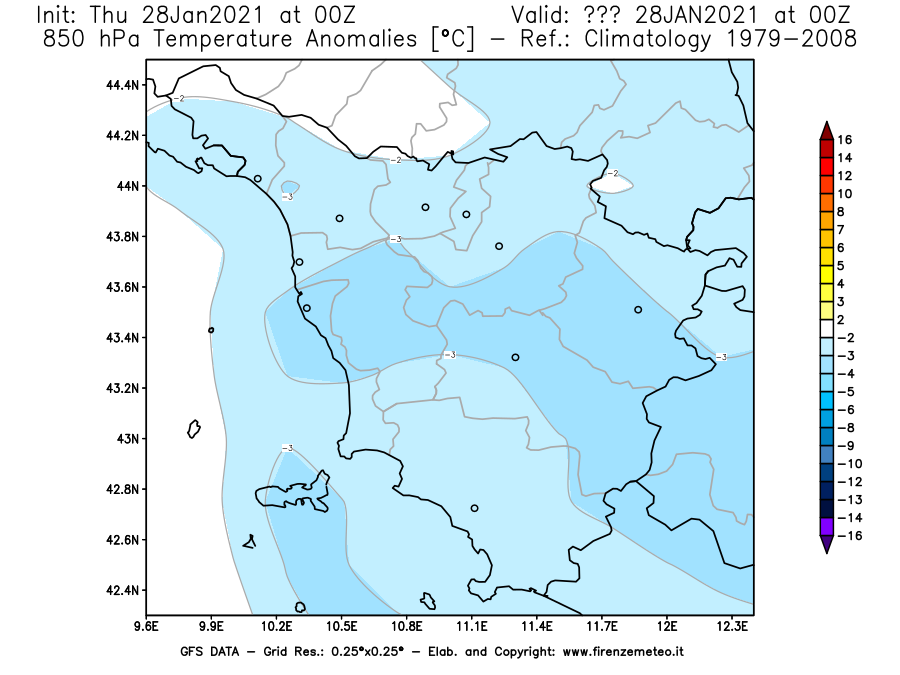 Mappa di analisi GFS - Anomalia Temperatura [°C] a 850 hPa in Toscana
									del 28/01/2021 00 <!--googleoff: index-->UTC<!--googleon: index-->